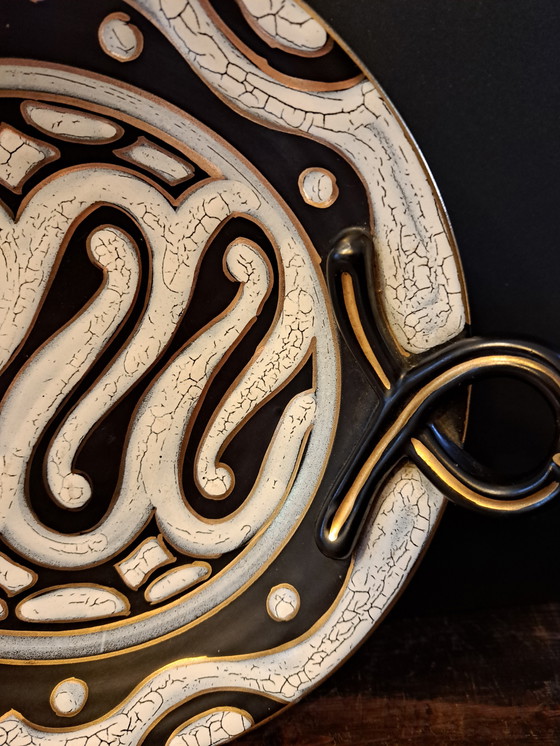 Image 1 of Vintage 1950's Ceramic Bowl with Handles south Dutch Gouda Hand Painted Black with Gold