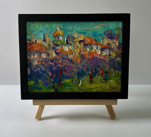 Original Oil Painting Autumn Village Landscape Morning Sound of Bells – schilderijen tekeningen, Canvas