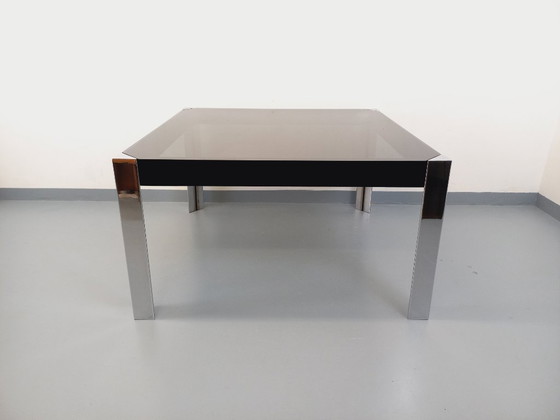 Image 1 of Table de repas carrée italienne vintage par Guido Faleschini pour Mariani x Hermès en verre fumé et métal chromé style Space Age
