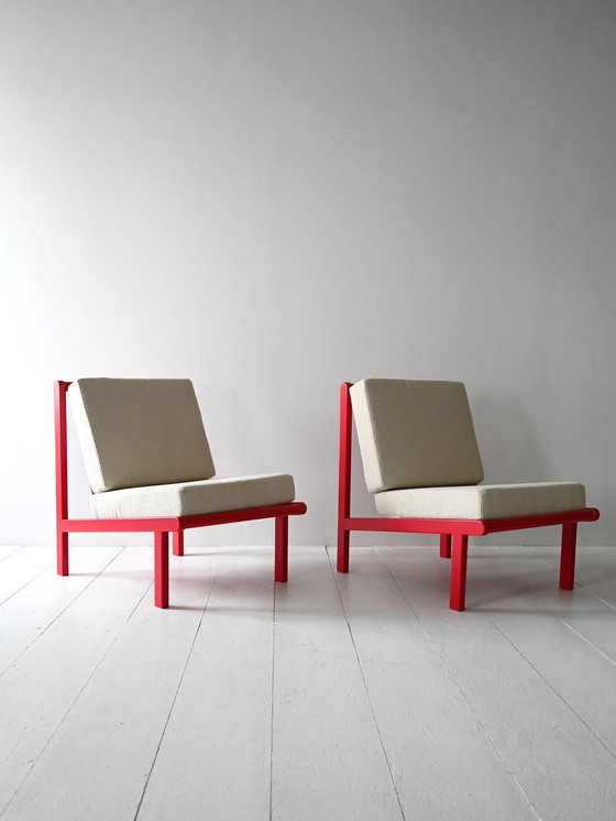 Image 1 of Paire de chaises longues scandinaves vintage, rouge cerise