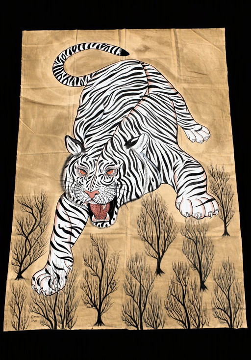Witte Tijger 183x122 cm, handgeschilderd canvas uit India. Uniek!