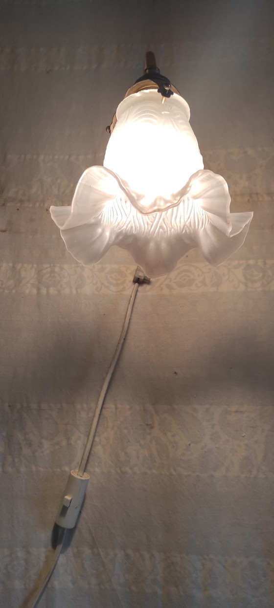 Image 1 of Applique Col De Cygne En Laiton, Porcelaine Et Verre - Mid. XXème