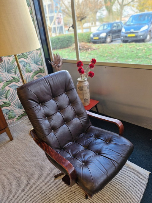 Vintage draaifauteuil bruin leer 70s