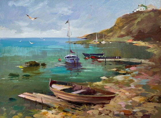 Image 1 of Original Oil Painting Sea Coastal Landscape Harbor at the foot of the hills