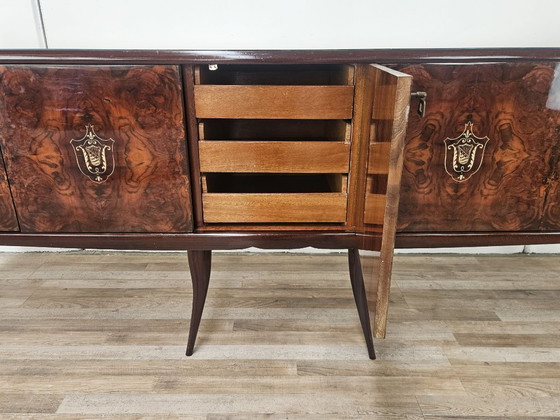 Image 1 of Mid-Century Mahogany Sideboard with Teal Glass and Compartments with Drawers, 1950