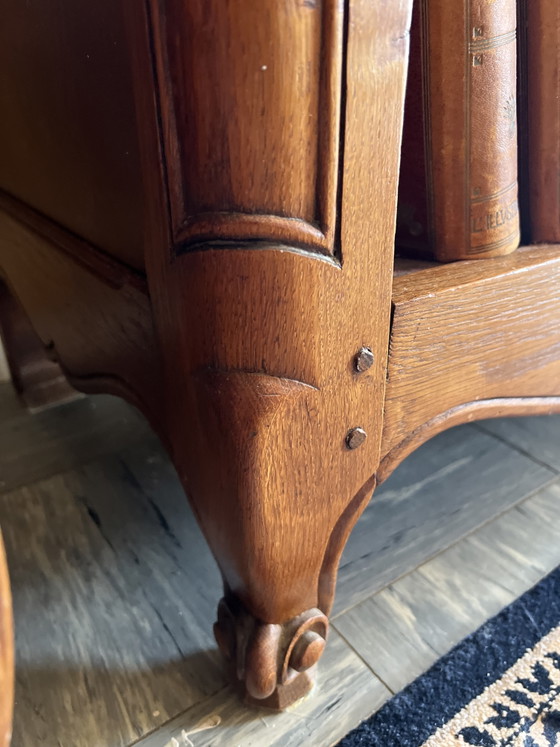 Image 1 of Antique vintage wooden bookcase with carved floral moldings