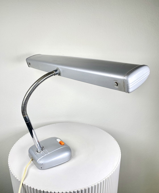 Image 1 of Vintage 1970s Industrial Piano Style Desk/Table Lamp in Grey with a Chrome Gooseneck - Mid-Century Modern Japanese Design