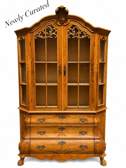 Vitrine/buffet baroque allemand ancien (1880-1900) – magnifique placage en loupe de noyer – buffetkasten, Wood