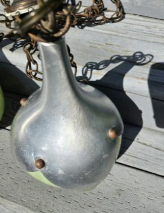 Image 1 of Vintage MCM 70s Double Pendant Green Slag Glass Tulip Lotus Light Chandelier