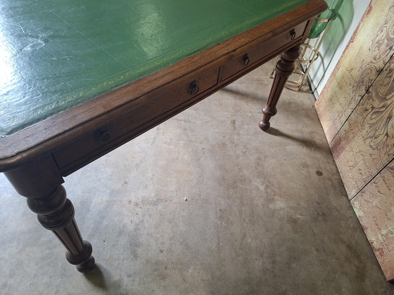 Image 1 of Antique 2-sided writing table, partners desk with leather inlay (restored) dimensions 127x86cm and 76cm high.