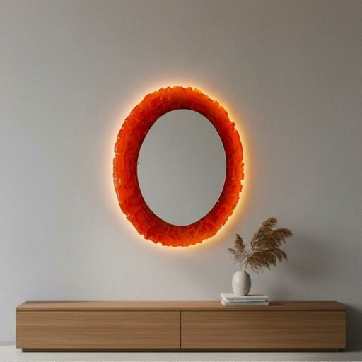 Large Mid-Century German Modern Oval Orange Acrylic Backlit Wall Mirror Light attributed to Hillebrand, 1970s
