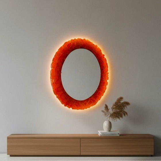 Image 1 of Large Mid-Century German Modern Oval Orange Acrylic Backlit Wall Mirror Light attributed to Hillebrand, 1970s