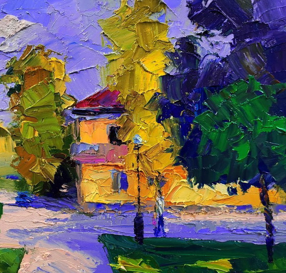 Image 1 of Dipinto ad olio originale, paesaggio urbano, motivo urbano mattutino