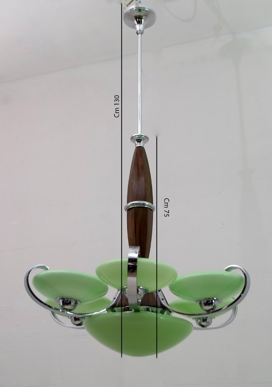 Image 1 of Art Deco Italiaanse kroonluchter in chroom en "Incamiciato" glas, jaren 1930