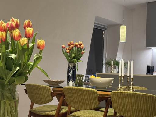 Set of 6 Kai Kristiansen Model 42 Dining Chairs – Teak, Original Kvadrat Fabric, Denmark, 1956