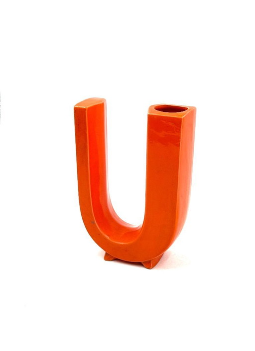Space age orange U letter shaped ceramic solifleur vase, Marcel Radureau ca. 1970