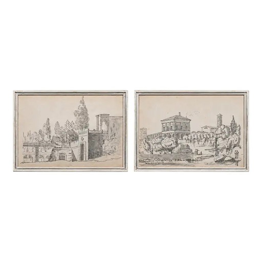 Frühes 19. Jahrhundert Constant Bourgeois Du Castelet (1767–1841) Paar Tuschezeichnungen — Ansichten von Palästen in der römisch
