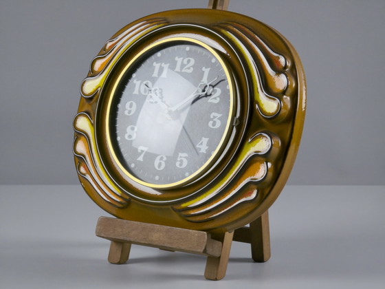 Image 1 of 1970s Vintage KIENZLE Fat-Lava Glazed Ceramic Wall Clock — West Germany Wave-Like Wall Clock.