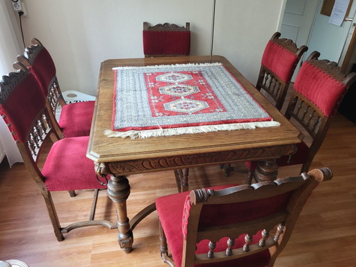 Louis XIV dining table with chairs – eetkamerset, Metal, Textile