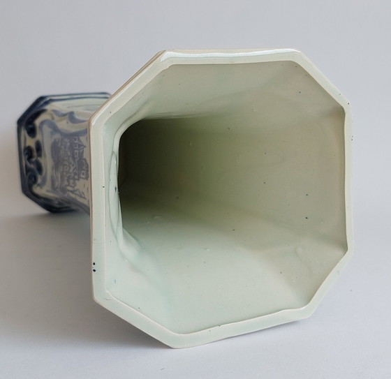 Image 1 of Delft hand painted blue and white pottery octagonal shaped vase 