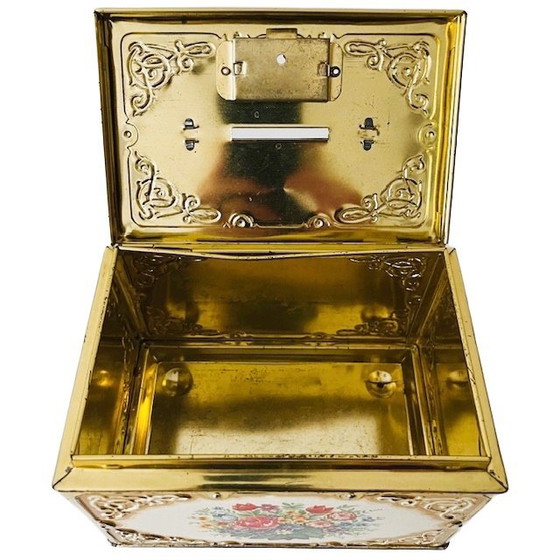 Image 1 of Vintage French flower piggy bank tin 1970s