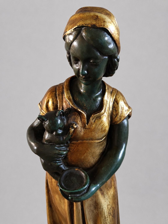 Hermosa escultura antigua de estilo Art Nouveau «Niña con gato» – Hermanos Van Paridon (ca. 1905) – Other (photo 3 of 7)
