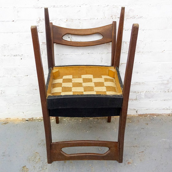 Image 1 of Teakhouten en zwart lederen stoelen, jaren 1950, set van 6