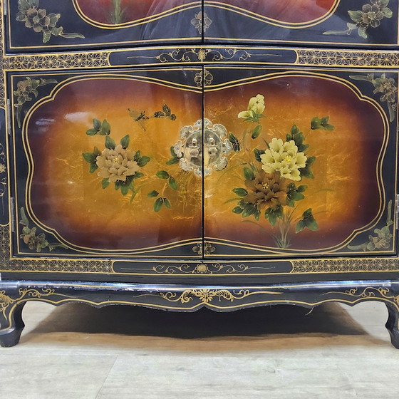 Image 1 of Vintage Chinese Kast Bladgoud Bloemen en Vogels (Barkast) Bohemian Kast / Oosterse Kast