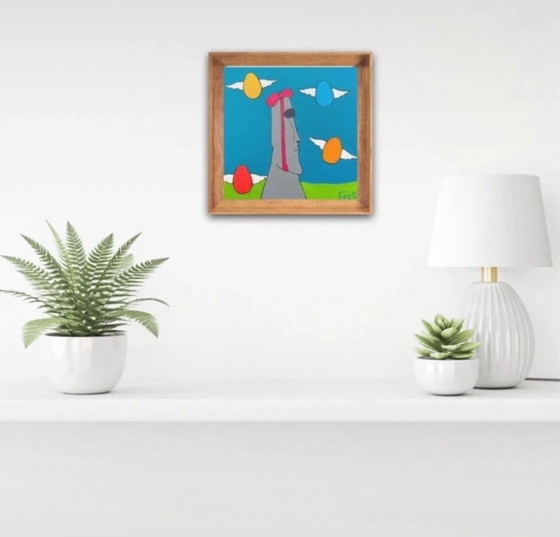 Image 1 of Acrylique sur châssis 20x20cm. Moai Pâques 