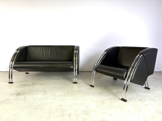 Set divano postmoderno di Young International, anni '80 – Zona salotto, Pelle, Cromo (photo 11 of 11)