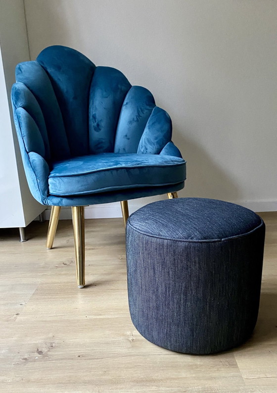 Unique Round Denim Footstool / Pouf, Solid Base, merkloos, Footstools & poufs, Cotton, Blue (photo 5 of 5)