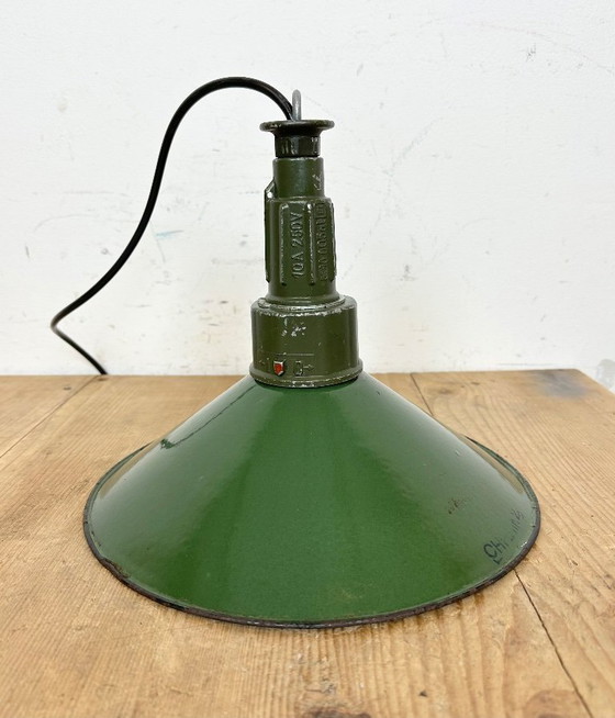 Image 1 of Industrial Green Enamel Military Pendant Lamp with Cast Aluminium Top, 1960s