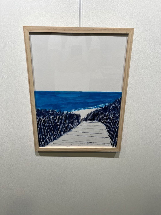 Image 1 of Oost-Indische inkt op wit fabriano papier 300g Formaat 40x30cm.  Natuurlijke houten lijst.