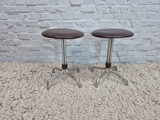 Image 1 of Set of Two Vintage Design Low Bar Stools, Tubular Steel, Brown Leatherette. The Netherlands, 1960s
