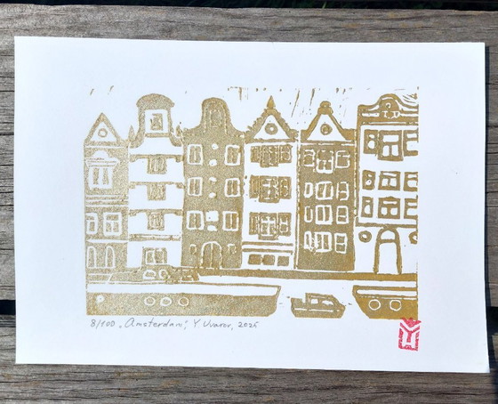 Image 1 of Amsterdam – Gold on White Linocut Print, а4