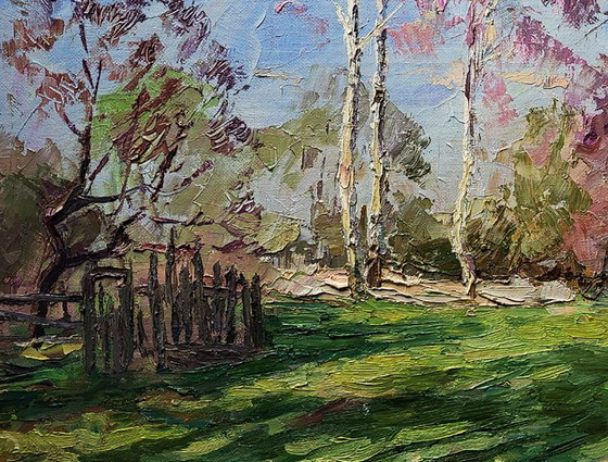Original Oil Painting Nature Landscape Meadow Trees Outskirts, Paintings & Drawings, Canvas, Green (photo 6 of 7)