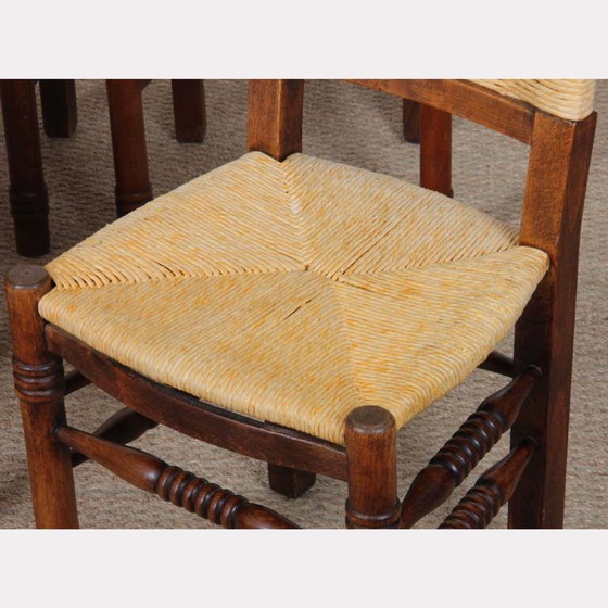 Image 1 of Set di 4 sedie in legno con seduta in paglia, produzione francese, 1940