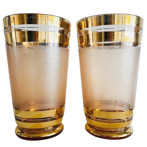 Coppia di vasi in vetro rosa placcati in oro De Rupel, Art Déco anni '30