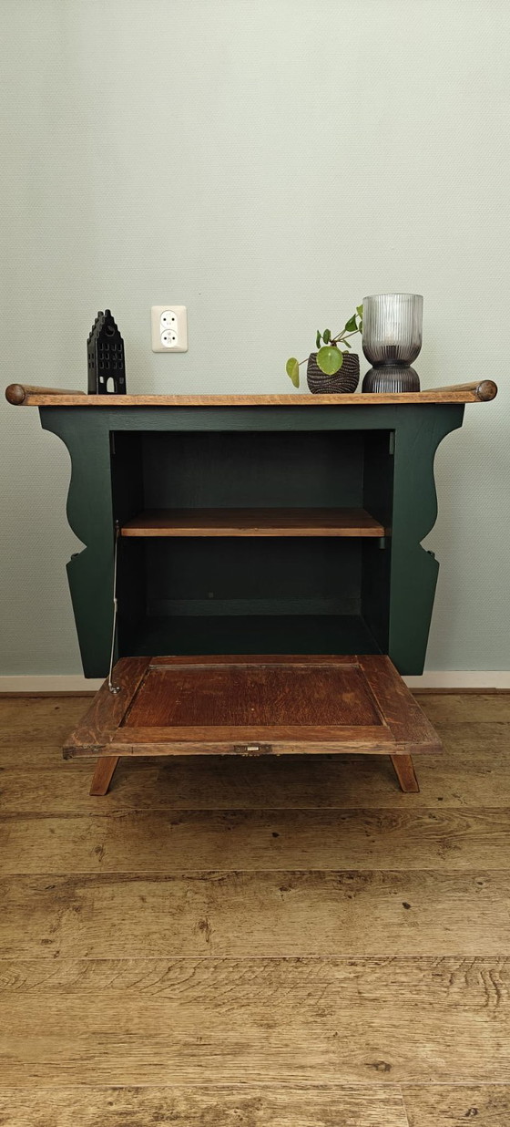 Image 1 of Unique vintage cabinet – dark green with wooden top