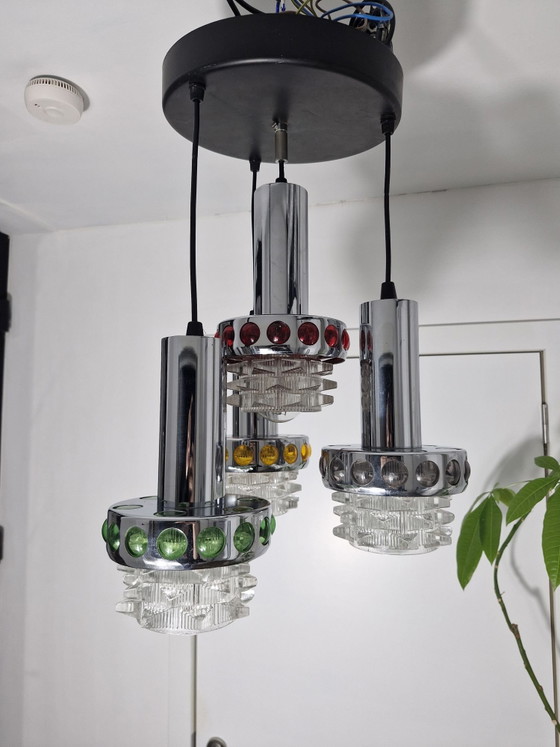 Pendant lamp with four light points, chrome, textured glass and colored accents, Space Age, Ceiling lights (photo 5 of 15)