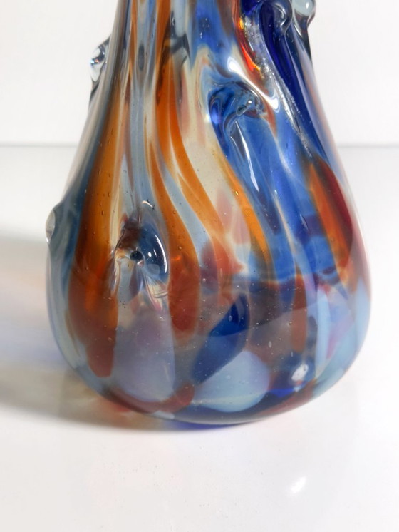 Image 1 of Murano confetti glass flower vase, blue and orange speckled, 1970s mid-century vase, Italy