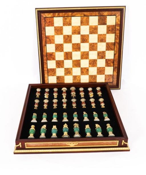 Vintage Fabergé Schachset aus Walnussholz, Amboyna-Marmor und Malachit, 20. Jahrhundert