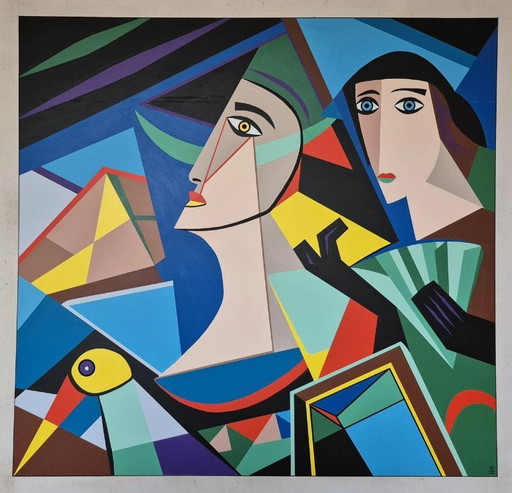 Peinture cubiste de style Picasso - 'Amazement' par Franklin van Dam - Acrylique sur MDF