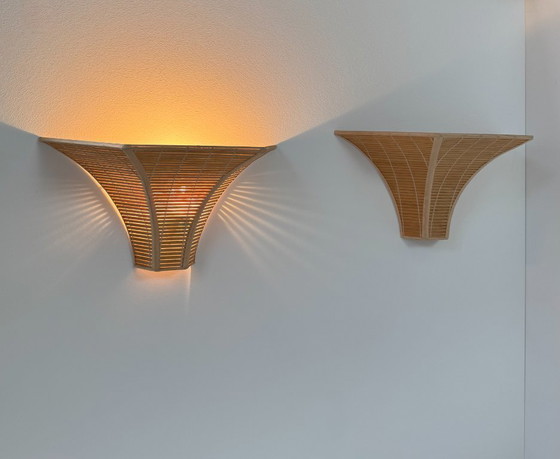 Image 1 of Pair of vintage wall sconces, wooden slats, France, 1980