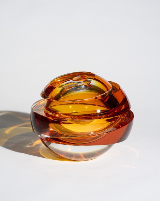 Image 1 of Rosenthal Creative Center "Blockglas" Amber Globe Vase Monumental Optical Glass