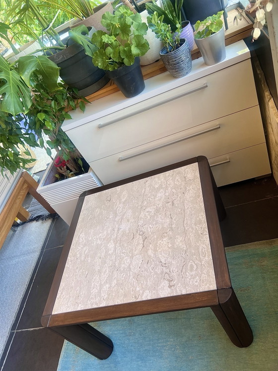 Mid-century Italian designer coffee table in travertine marble – vintage, Wood (photo 4 of 8)