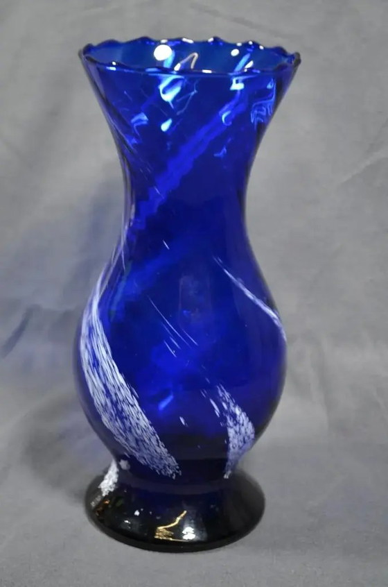 1970s Murano Blue Glass Baluster Vase With Iattimo Decoration, Signed – Murano Glass (photo 3 of 10)