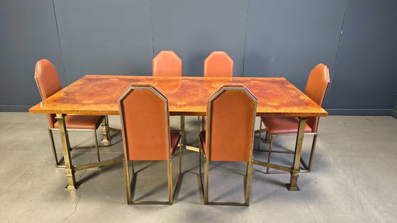 Image 1 of Table de salle à manger vintage en loupe de bois et laiton, signée Belgochrom, années 1970