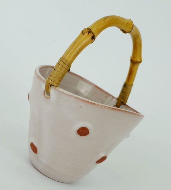 Image 1 of small 1950s basket-shaped VASE with bamboo handle small plant pot