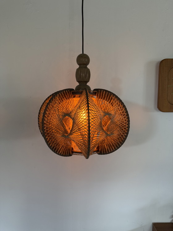 Image 1 of Vintage Danish pendant lamp in glass, wool & wood ‘60s